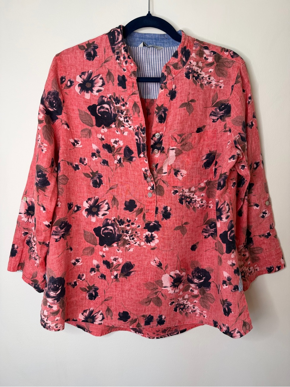 John Mark Coral Floral Band-Collar Tunic Top Linen Pink coral 3/4 sleeve Medium
